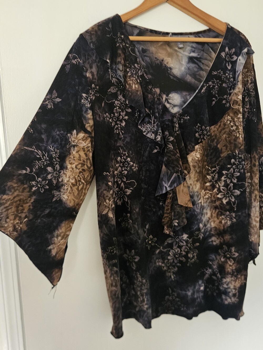 Womens Top 1X Whimsigoth Grunge Y2K Flare Sleeve Glitter Dark Fairy Floral